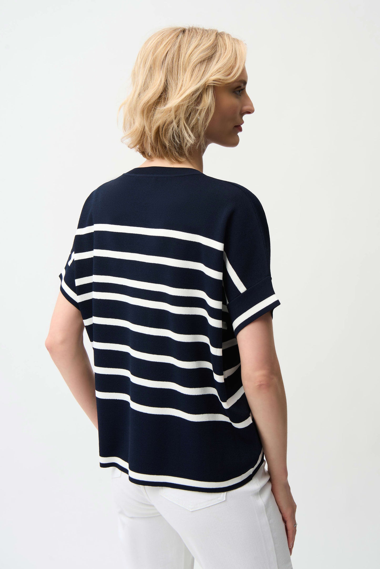 Viscose Blend Stripe Print Short Sleeve Sweater Midnight Blue/Vanilla