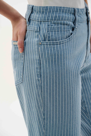 Cotton Denim Stripe Print Straight Jeans