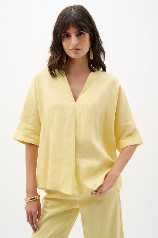 Linen Straight Top With V-Notch Neckline