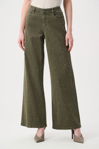 Featherweave Denim Wide Leg Jeans With Rhinestones