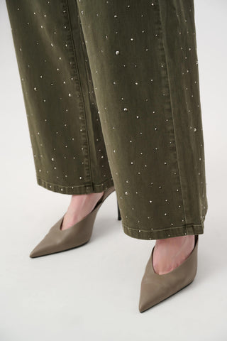 Featherweave Denim Wide Leg Jeans With Rhinestones