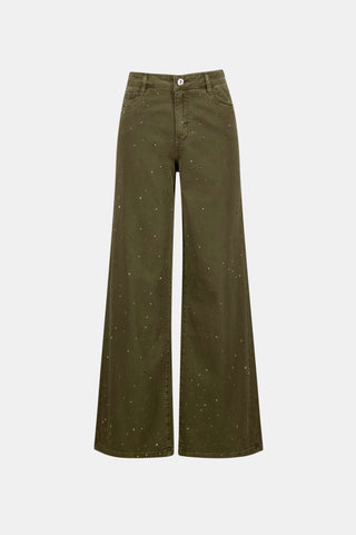 Featherweave Denim Wide Leg Jeans With Rhinestones