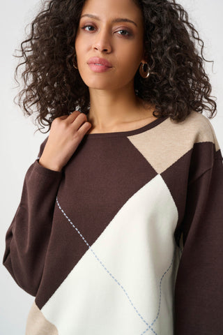 Brushed Viscose Knit Argyle Pattern Crewneck Sweater