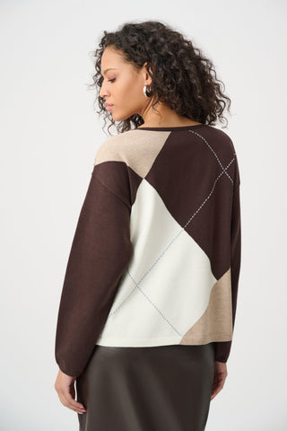 Brushed Viscose Knit Argyle Pattern Crewneck Sweater