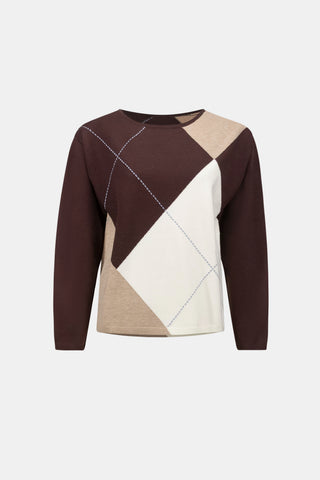 Brushed Viscose Knit Argyle Pattern Crewneck Sweater