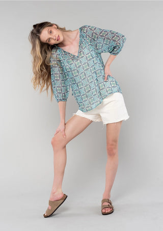 Sheer 3/4 Sleeve Floral Blouse