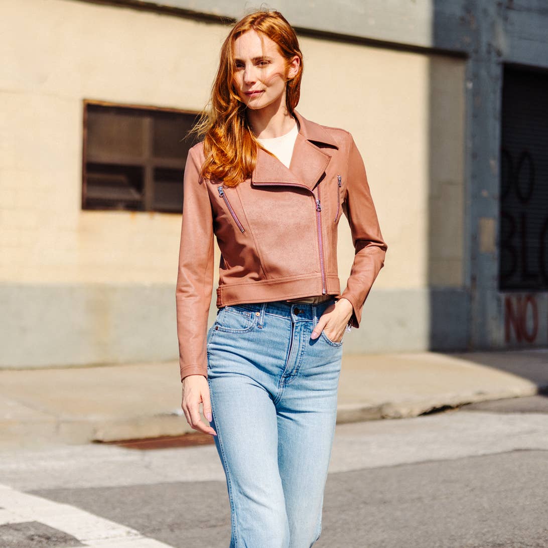 Margaret  - Liquid Leather Zip Cuff Moto Waist Jacket