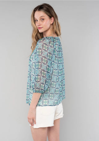 Sheer 3/4 Sleeve Floral Blouse