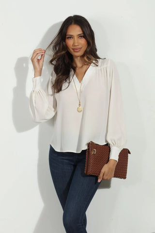 Buff V Neck Puffed Sleeve Blouse