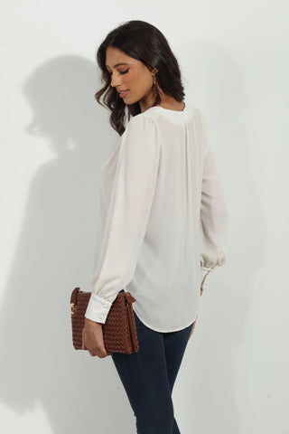 Buff V Neck Puffed Sleeve Blouse