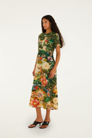 Oriental Garden Multicolor Short Sleeve Maxi Dress