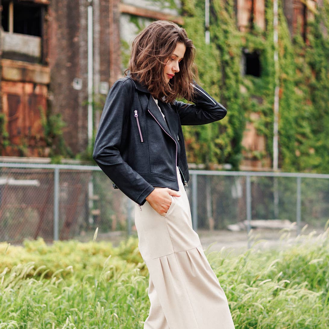 Margaret  - Liquid Leather Zip Cuff Moto Waist Jacket