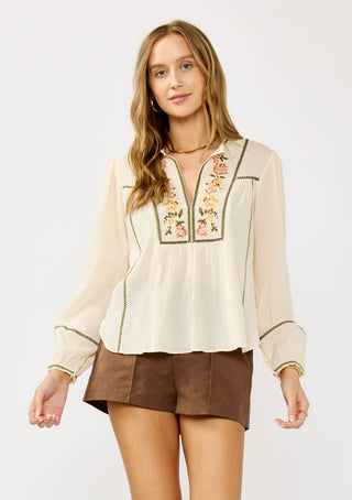 Long Sleeve Split Neck Embroidered Cotton Blouse