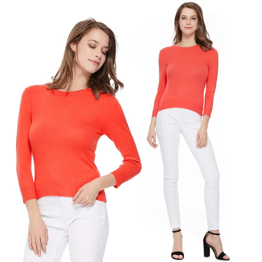 3/4 Sleeve Crewneck Soft Lightweight Basic Knit Top