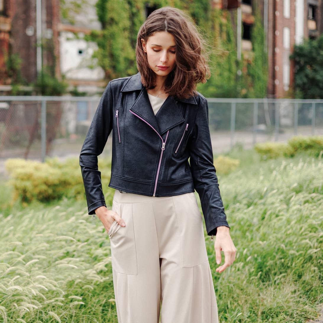 Margaret  - Liquid Leather Zip Cuff Moto Waist Jacket