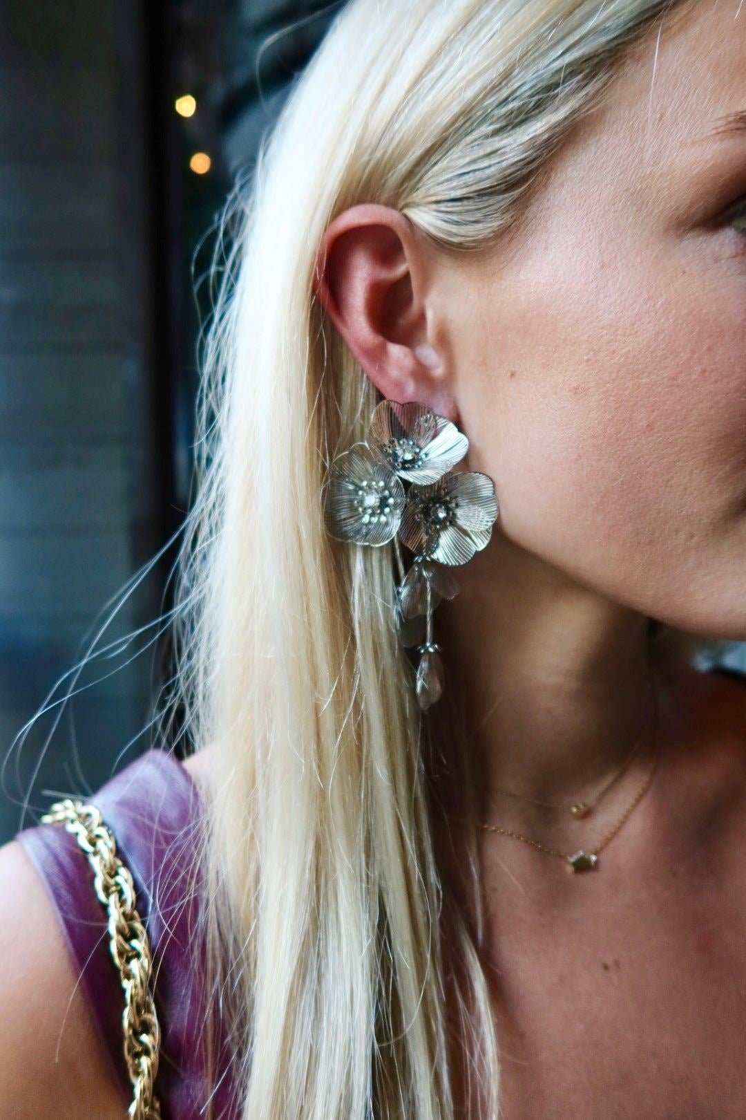 Audrey Flower Statement Earring - Silver