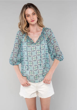Sheer 3/4 Sleeve Floral Blouse