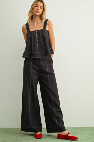 Stitch Detailed Wide Leg Linen Pants