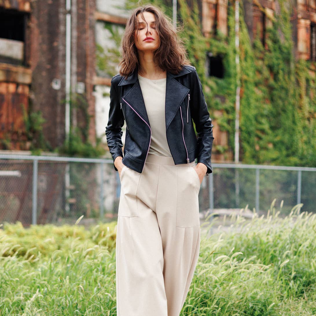 Margaret  - Liquid Leather Zip Cuff Moto Waist Jacket