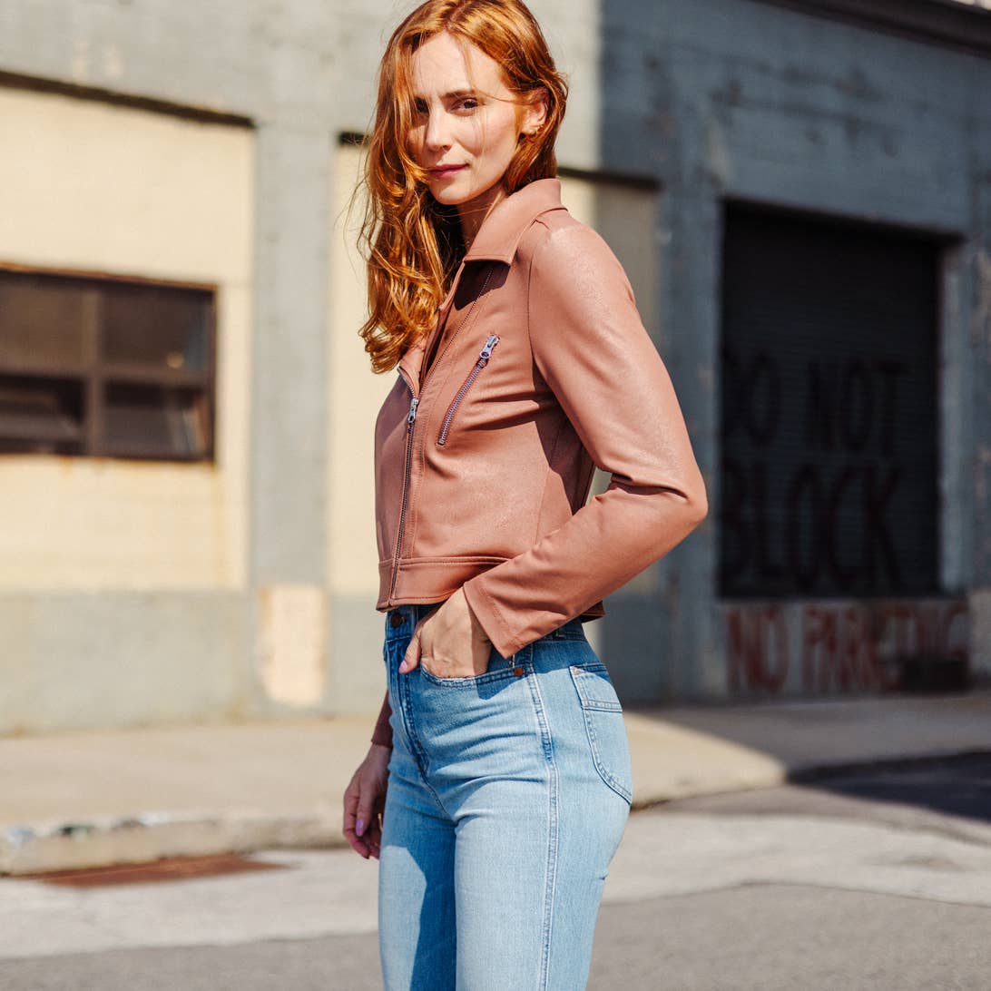 Margaret  - Liquid Leather Zip Cuff Moto Waist Jacket