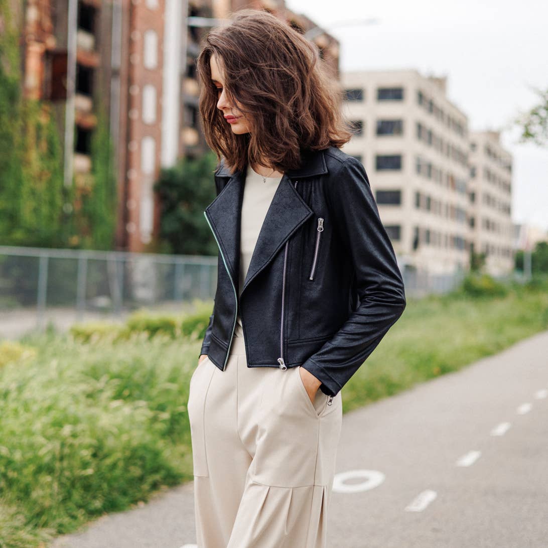 Margaret  - Liquid Leather Zip Cuff Moto Waist Jacket