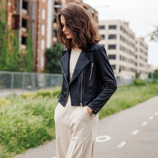 Margaret  - Liquid Leather Zip Cuff Moto Waist Jacket
