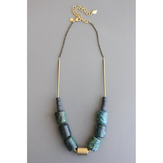 TLD221 Geometric green and black stone barrel necklace
