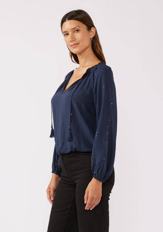 Sequin Long Sleeve Tassel Tie Neck Blouse