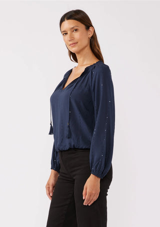 Sequin LS Tassel Tie Blouse