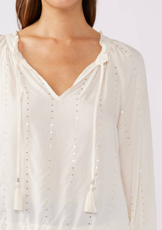 Sequin Long Sleeve Tassel Tie Neck Blouse