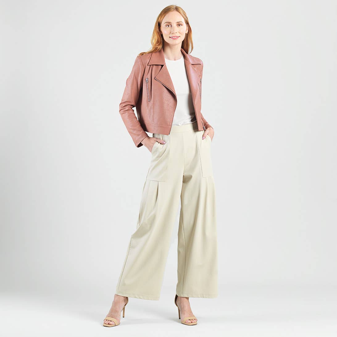 Margaret  - Liquid Leather Zip Cuff Moto Waist Jacket