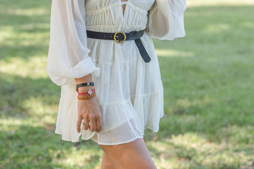 Brass - Toned Circle Buckle Leather Belt