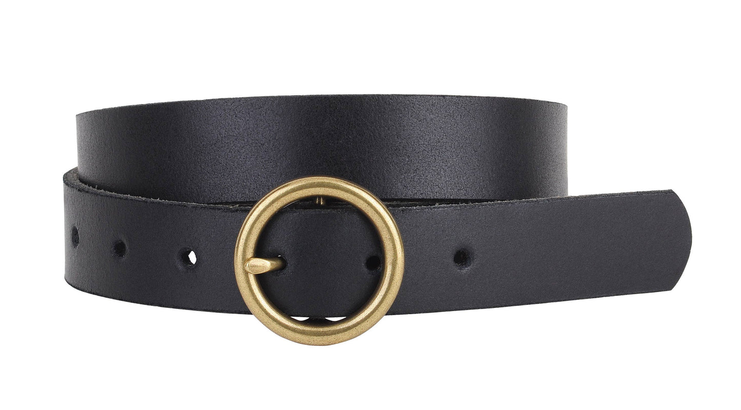 Brass - Toned Circle Buckle Leather Belt