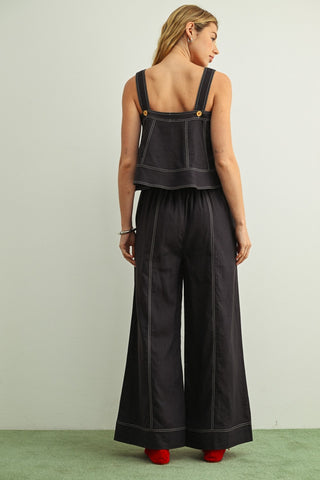 Stitch Detailed Wide Leg Linen Pants