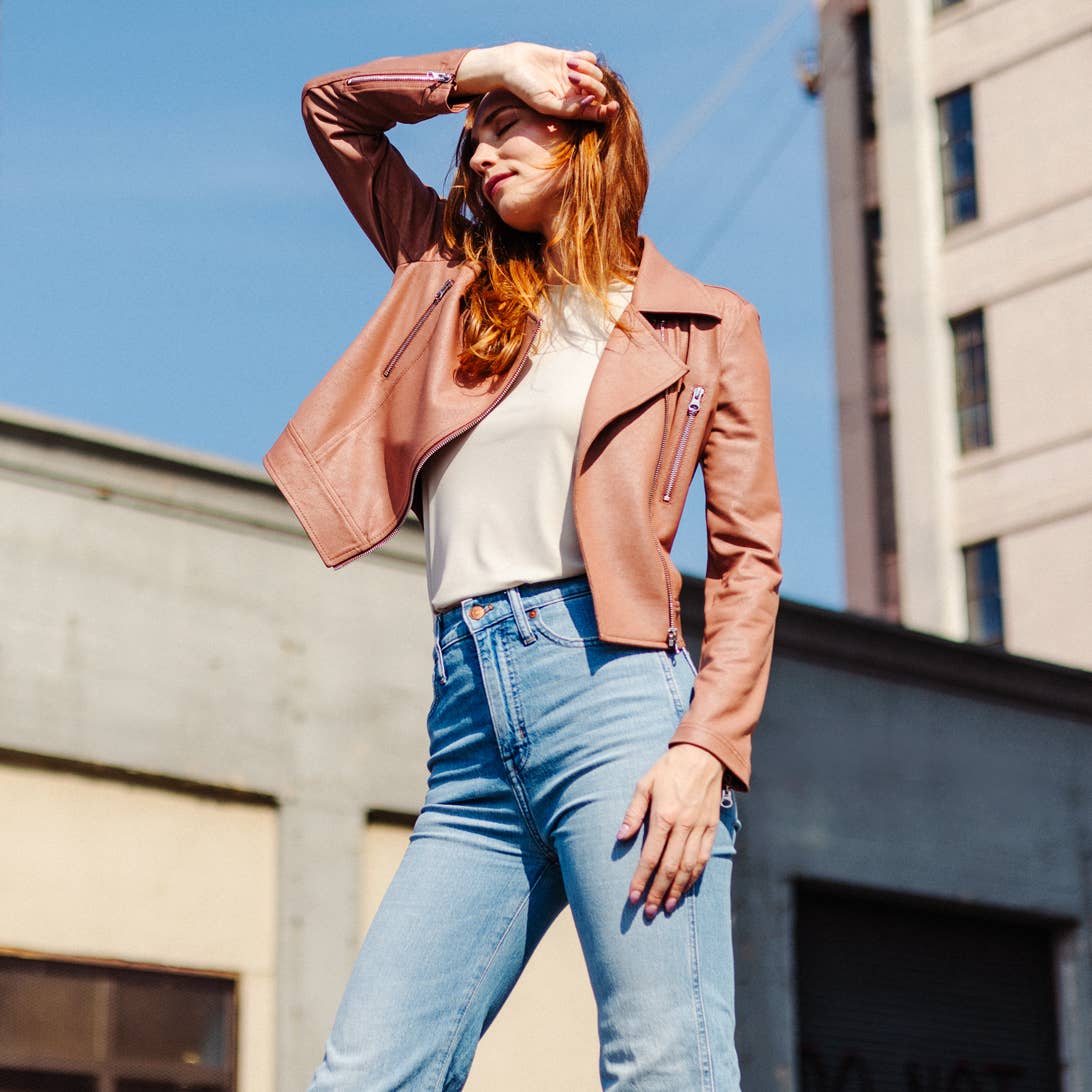 Margaret  - Liquid Leather Zip Cuff Moto Waist Jacket