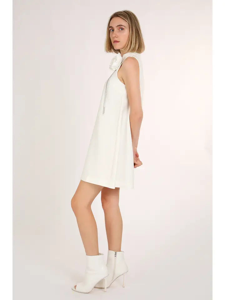 Satin Tasseled Floral Corsage A-Line Mini Dress