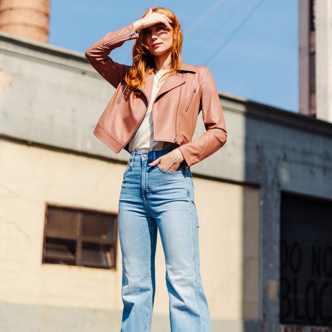 Margaret  - Liquid Leather Zip Cuff Moto Waist Jacket