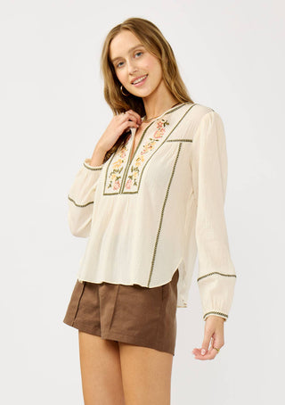 Long Sleeve Split Neck Embroidered Cotton Blouse