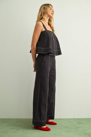 Stitch Detailed Wide Leg Linen Pants