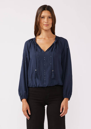 Sequin Long Sleeve Tassel Tie Neck Blouse