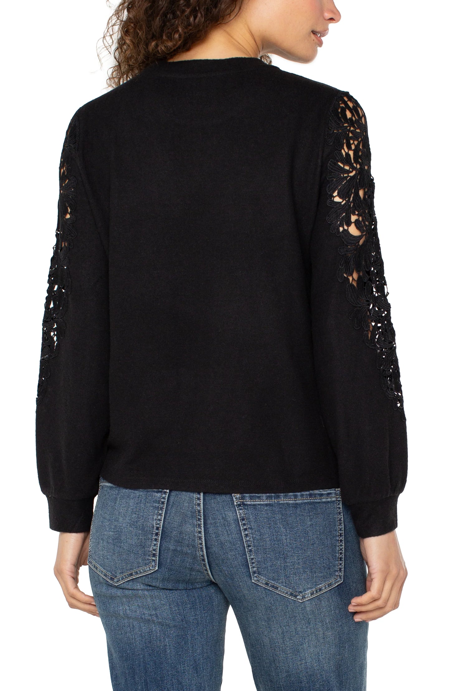 Long Sleeve Crew Neck Lace Inset Knit Top