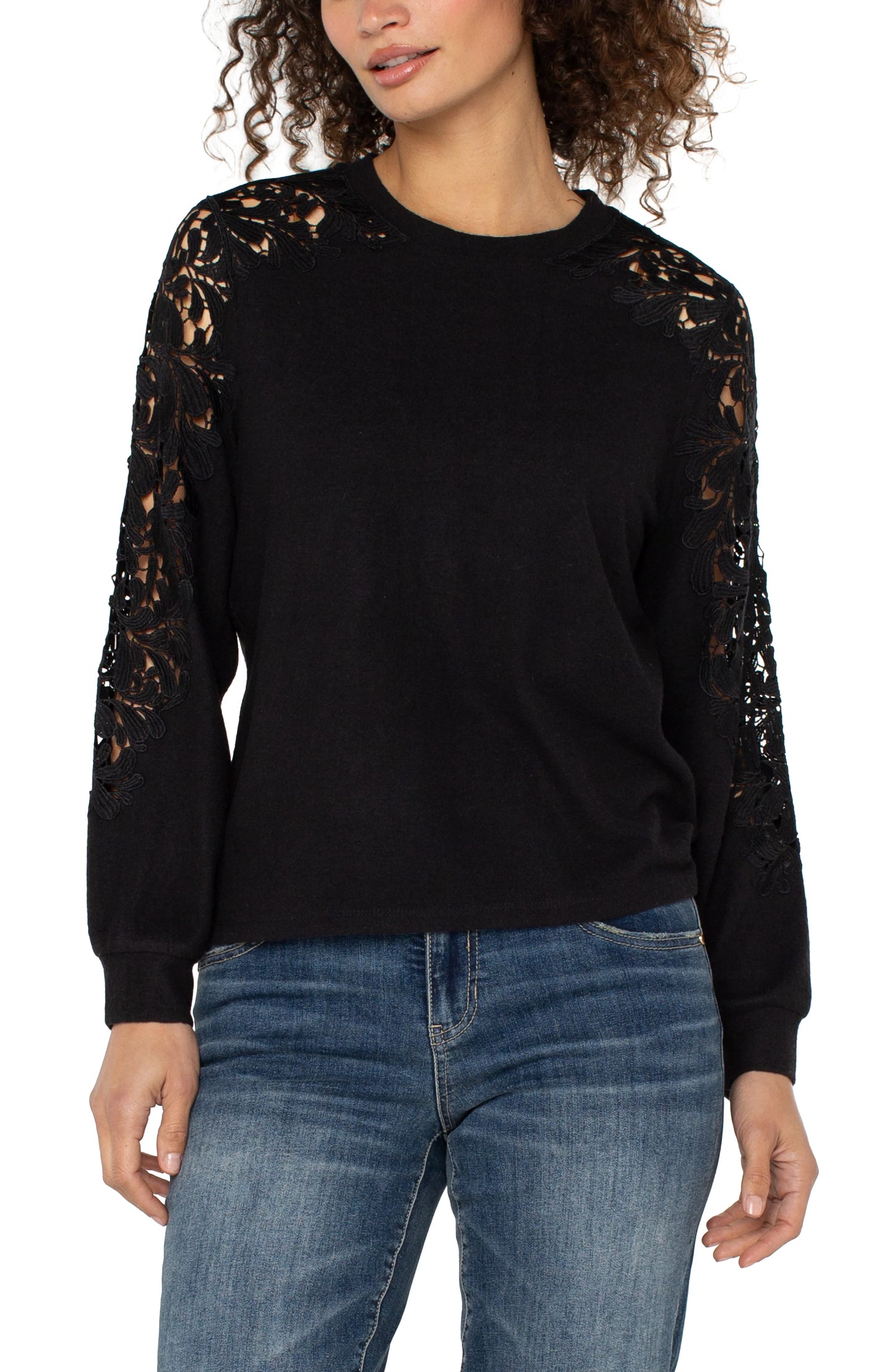 Long Sleeve Crew Neck Lace Inset Knit Top