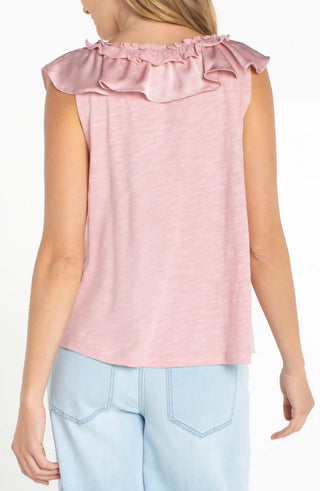 Ruffle Front Sleeveless Woven To Knit Top