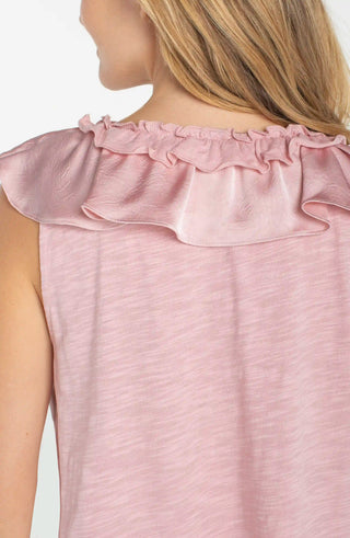 Ruffle Front Sleeveless Woven To Knit Top