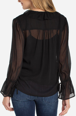 Long Slv Ruffle Front Woven Shirt