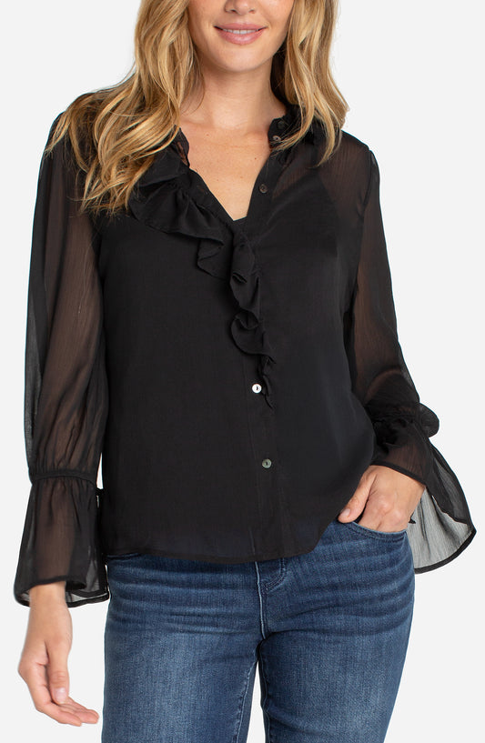 Long Slv Ruffle Front Woven Shirt
