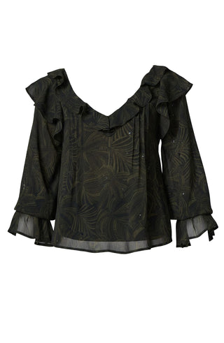 Long Slv Ruffle Vneck Blouse