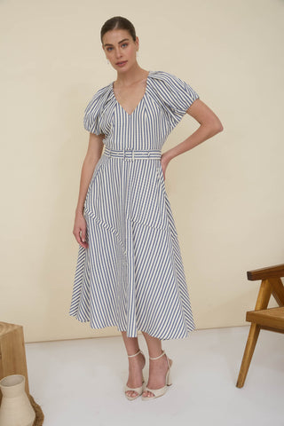 Navy Strip Puff Sleeve Dress W/ Belt