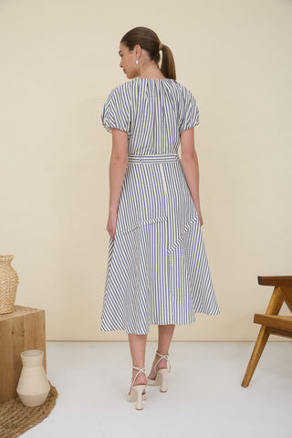 Navy Strip Puff Sleeve Dress W/ Belt