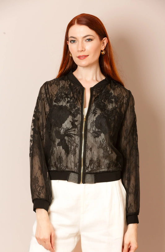 Evelyn Tulle Lace Combo Bomber Jacket